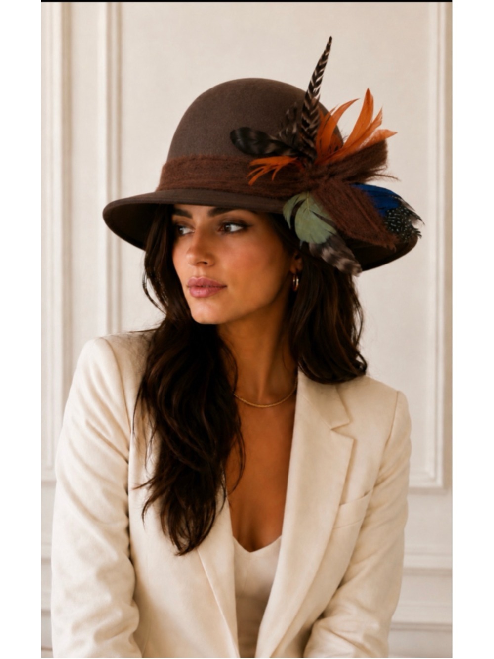 Inverni Wool Fedora Hat Brown Multi-color Feather Detail One Size